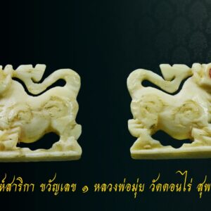 สิงห์สาริกา ขวัญเลข ๑ หลวงพ่อมุ่ย วัดดอนไร่ สุพรรณบุรี ##### #ประวัติ ตามประวัติแล้วหลวงพ่อมุ่ยท่านเป็นพระเกจิอาจารย์อีกองค์ที่ไม่ธรรมดา และอาจารย์ของท่านก็ไม่ธรรมดาเช่นกันอย่างเช่น 1.หลวงปู่ศุข วัดปางคลองมาขามเฒ่า 2.หลวงพ่ออิ่ม วัดหัวเขา จ.สุพรรณบุรี และ อีกหลายท่านเพราะท่านประพฤติปฏิบัติตนแบบน้ำไม่เต็มแก้ว ชอบศึกษาหาความรู้อยู่เป็นนิตย์ท่านเป็นพระที่มีเมตตามาก #พระเครื่องและวัตถุมงคลของท่านมีความศักดิ์สิทธิ์และมีประสบการณ์แก่ผู้อาราธนาสวมใส่ สำหรับสิงห์งาแกะของท่านนั้นเป็นที่ล่ำลือกันว่าหลวงพ่อปลุกเสกจนสิงห์ทุกตัวมีจิตมีชีวิต สิงห์งาแกะที่ปลุกเสกในบาตรกระโจนกระโดดโลดเต้นดังลูกกบลูกเขียด เป็นสิงห์เมตตา มหาเสน่ห์ และเปี่ยมด้วยอำนาจบารมี แคล้วคลาดปลอดภัย น่าบูชาเป็นยิ่งนัก เครื่องรางของท่านมีไม่มากนักแต่ก็เป็นที่นิยมอย่างมากในหมู่ศิษย์สายสุพรรณ #ปัจจุบันนี้สิงห์หลวงพ่อมุ่ยได้รับความนิยมอย่างมาก นับวันยิ่งหายาก และมีคุณค่ามาก ด้วยพุทธคุณ บารมีของหลวงพ่อมุ่ยในการปลุกเสกสิงห์ ทำให้สิงห์ของท่านดูมีมนต์ขลัง ดูมีอำนาจมากและนับวันสิงห์ที่แกะออกมาในลักษณะสวยๆ ยิ่งหายากเข้าไปใหญ่ #สิงห์ตัวเล็กแต่พุทธคุณมหาศาลครบทุกด้าน แคล้วคลาด เดินทางปลอดภัย เมตตามหานิยม เจริญรุ่งเ้รืองในหน้าที่การงาน ศิริมงคลยิ่งนัก #คำอาราธนาพระเครื่องของ หลวงพ่อมุ่ย วัดดอนไร่ ตั้งนะโม 3 จบ ให้ระลึกพระรัตนตรัย จึงอาราธนาว่าดังนี้ "พระพุทธะราธนานัง พระธัมมะราธนานัง พระสังฆะราธนานัง วิญญาณ นะสัมปันโน อิติปิโส นะโมพุทธายะ" เมื่อเข้าที่คับขัน จงภาวนาพระคา (ชินบัญชร) ย่อดังนี้ "ชะยา สะนา กาตา พุทธาฯ" -สิงห์เนื้องาฉ่ำเก่า มันส์เงา ขนาดกว้าง 0.5 cm. ยาว 1 cm. สูง 1 cm.