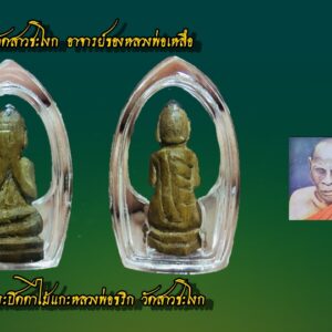 ปิดตาไม้แกะหลวงพ่อขริก วัดสาวชะโงก ขนาดฐานกว้าง 1.5ซม.สูง 2 ซม. ท่านเป็นอาจารย์ทางพุทธาคมรูปหนึ่งของ หลวงพ่อเหลือ วัดสาวชะโงก และเป็นผู้ประสิทธิ์ประสาทการสร้าง ปลัดขิก ให้กับท่านจนปรากฎชื่อเสียงโด่งดังไม่แพ้ หลวงพ่ออี๋ วัดสัตหีบ การสร้างปลัดขิกของท่านนั้นกำหนดให้ใช้ไม้แก่นชัยพฤกษ์ (ไม้แก่นคูณ) ตายพรายดีทางอยู่ยงคงกระพัน มหาอุด กันเขี้ยวงา แล้วดีทางสร้างเสน่ห์นิยมและการทำมาค้าขายอีกด้วย นอกจากท่านจะนำเอาไม้แก่นคูณมาทำปลัดขิกแล้ว ท่านยังนำเอามาแกะสลักเป็น พระปิดตา ซึ่งมีอุปเท่ห์การใช้เหมือนกันกับ ปลัดขิกของท่านนอกจากนั้น ยังนิยมเอามาฝนกับ น้ำซาวข้าว เพื่อถอนพิษไข้ได้เป็นอย่างดี