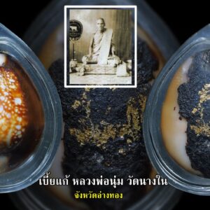 เบี้ยแก้ หลวงพ่อนุ่ม วัดนางใน เลี่ยมเงิน ตอกหมง เบี้ยแก้ สายอ่างทอง เบี้ยแก้ของหลวงพ่อนุ่ม วัดนางใน อำเภอวิเศษชัยชาญ จังหวัดอ่างทอง หลวงพ่อนุ่ม ท่านเป็นพระเกจิอาจารย์ที่มีชื่อเสียงโด่งดังของจังหวัดอ่างทอง เบี้ยแก้หลวงพ่อนุ่ม วัดนางใน จังหวัดอ่างทอง เลี่ยมเก่าๆ มันส์ๆ เดิมๆ ดูง่ายๆ สวยสมบูรณ์มาก วางแปะด้วยชันโรงใต้ดินเกือบเต็มท้องเบี้ย เขย่าดังขลุกๆ เสียงปรอทดังฟังชัดเจน ตามสูตร จบครับ ท่านเป็นอีกหนึ่งพระคณาจารย์ดังของ จ.อ่างทอง ควบคู่ไปกับหลวงพ่อภักตร์ วัดโบสถ์ และหลวงพ่อคำ วัดโพธิ์ปล้ำ วัตถุมงคลที่สร้างและปลุกเสกเอาไว้ มีมากมายหลายชนิด แต่ที่รับความนิยมสูงพร้อมทั้งมากล้นประสบการณ์ก็คงหนีไม่พ้น เบี้ยแก้ของท่าน ท่านได้ศึกษาพระเวทย์วิทยาคมพร้อมทั้งสรรพวิชาต่างๆ กับพระอธิการพ่วง ต่อมามาศึกษากับพระครูธรรมสารรักษา(อ้น) วัดบุปผาราม พระอุปัชฌาย์ซึ่งมีชื่อเสียงใน จ.สุพรรณบุรีในสมัยนั้น และท่านได้ศึกษาด้วยตนเองจากตำราโบราณต่างๆอย่างเชี่ยวชาญ ตลอดจนท่านยังเป็นสหธรรมิกกับ หลวงพ่อเดิม วัดหนองโพธิ์ อีกทั้งยังแลกเปลี่ยนวิชากับอีกหลายพระคณาจารย์ ไม่ว่าจะเป็น หลวงพ่อภักตร์ วัดโบสถ์ หลวงพ่อคำ วัดโพธิ์ปล้ำ จะไปมาหาสู่กันอยู่เสมอๆซึ่งจะเห็นว่าเบี้ยแก้ของท่านทั้งสามสำนักจะมีลักษณะใกล้เคียงกันมาก แต่ถ้าพบเห็นบ่อยๆเคยสัมผัส และมีความรู้ ความชำนาญอยู่บ้างก็จะเป็นเรื่องง่ายในการพิจารณาแบ่งแยกลักษณะเบี้ยแก้ของแต่ละสำนัก เพราะลึกๆแล้วอย่างไรก็ตาม เบี้ยแก้ของแต่ละที่ แต่ละสำนักก็จะมีวิถี มีเอกลักษณ์ที่แตกต่างกันนั่นเอง. ••••• เบี้ยแก้ของพ่อนุ่ม วัดนางใน และการสร้างวัตถุมงคลประเภทเบี้ยแก้ของท่านนั้น เริ่มสร้างมาตั้งแต่ปีพ.ศ.ใดนั้นไม่ได้มีการจดบันทึกไว้ แต่จากการคาดคะเน หลวงพ่อนุ่ม ได้รับอาราธนามาดำรงค์ตำแหน่งเจ้าอาวาสที่วัดนางในธัมมิการาม นำโดยนายเผ่า ชัชวาลยางกูร คณบดี และเป็นเจ้าของตลาดสดในอำเภอวิเศษชัยชาญ ตรงกับปี พ.ศ.๒๔๖๙ ได้รับแต่งตั้งเป็นเจ้าคณะตำบลเมื่อปี พ.ศ.๒๔๗๓ และได้เป็นพระอุปัชฌาย์ในปี พ.ศ.๒๔๗๗ จึงมีการคาดกันว่าหลวงพ่อนุ่ม ท่านน่าจะเริ่มสร้างเบี้ยแก้ ให้แก่ญาติโยม เป็นการเฉลิมฉลอง ไม่ปีใดก็ปีหนึ่งในปีนั้นๆที่เอ่ยมา และเท่าที่พบเห็นเล่นหาเป็นสากลเบี้ยของท่านจะเป็นเบี้ยเปลือยไม่มีการถักเชือกแต่อย่างใด ส่วนการเลี่ยมจับขอบไม่ว่าจะด้วยเนื้อทองคำ เงิน นาค นั้น แล้วแต่ลูกศิษย์ที่ได้รับจะนำไปเลี่ยมกันเองไม่ได้เลี่ยมจากทางวัดอย่างที่บางท่านเข้าใจกันซึ่งร้านที่มักนิยมนำเบี้ยไปเลี่ยมกันนั้นก็เป็นร้านเดียวกันกับลูกศิษย์ของหลวงพ่อภักตร์ วัดโบสถ์ และหลวงพ่อคำ วัดโพธิ์ปล้ำ นำไปเลี่ยมกันเป็นร้านทองในตลาดวิเศษชัยชาญ ฉะนั้นลักษณะการเลี่ยมเบี้ยแก้ของทั้งสามสำนักนี้จึงมีลักษณะคล้ายกัน เพราะเลี่ยมร้านเดียวกันนั่นเอง จึงเป็นเรื่องยุ่งยากพอสมควรในการจะแบ่งแยก และพิจารณาสำหรับท่านที่ไม่มีความชำนาญ แต่มักมีข้อเปรียบเทียบง่ายๆ อยู่ว่าเบี้ยแก้ของหลวงพ่อภักตร์ วัดโบสถ์มักจะตัวใหญ่กว่าของหลวงปู่คำ วัดโพธิ์ปล้ำ และหลวงพ่อนุ่น วัดนางใน แต่ก็ใช่ว่าจะทุกลูกเสมอไป