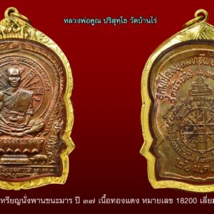 เหรียญนั่งพานชนะมาร หลวงพ่อคูณ ปริสุทฺโธ วัดบ้านไร่ ปี ๓๗ หมายเลข 18035 เนื้อทองแดง ผิวไฟแดงๆ บล็อคพานหนวดยาว เนื้อทองแดง พบทุกบล็อค ทั้งหมดมี 11 บล็อค คือ ๑. บล็อคทองคำ จำนวนที่พบประมาณ 1 % ๒. บล็อควงเดือน จำนวนที่พบประมาณ .3 % ๓. บล็อคพานสามเขี้ยว จำนวนที่พบประมาณ 4 % ๔. บล็อคพานหนวดยาว จำนวนที่พบประมาณ 3 % ๕. บล็อคพานหนึ่งเขี้ยว จำนวนที่พบประมาณ 1 % (เป็นบล็อกเดียวกันกับบล็อกร่องใต้พานแตกตอนปั๊มแรก ๆ ยังไม่มีรอยแตก) ๖. บล็อกยันต์มะมีเข็ม(หรือจะเรียกว่าบล็อคไม่มีเสี้ยนก็ได้) จำนวนที่พบประมาณ 17 % ๗. บล็อคร่องใต้พานแตก จำนวนที่พบประมาณ 1 % (เป็นบล็อคเดียวกันบล็อกพานหนึ่งเขี้ยวปั๊มหลังๆ จึงเกิดรอยแตกขึ้นมา) ๘. บล็อคสระอาเสี้ยนฝอย จำนวนที่พบประมาณ .7 % ๙. บล็อคสายฝน จำนวนที่พบประมาณ 1 % ๑๐. บล็อคหลังหมูมีจุดยาแตก จำนวนที่พบประมาณ 15 % ๑๑. บล็อคหลังหมูมีจุดยาไม่แตก จำนวนที่พบประมาณ 56 % โค้ตที่ใช้ตอกเนื้อทองแดงคือโค้ตตัว อุ ซึ่งมีทั้งหมด 5 อันแต่ลักษณะจะใกล้เคียงกันมากเพราะถ่ายมากจากตัวแม่ตัวเดียวกัน ใช้คนตอกสามคน รวมทั้งหมายเลขที่ใช้ตอกก็ใช้ถึง 5 ชุดแต่ลักษณะจะใกล้เคียงกันเพราะเป็นเลขเซตเดียวกัน รวมเหรียญทองแดงทั้งหมดจำนวน 20,431 เหรียญ