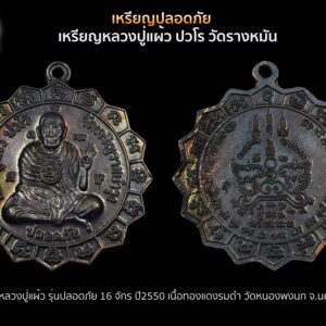 เหรียญ 16 จักร เหรียญปลอดภัย ปี 50 หลวงปู่แผ้ว ปวโร เนื้อทองแดงรมดำ