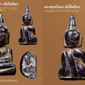 พระพทธไม้โพธิ์แกะ หลวงปู่บุญ วัดกลางบางแก้ว จ.นครปฐม ด้านในบรรจุเม็ดพระธาตุ-ปิดทับด้วยชันโรงเก่า/ลงรักน้ำเกลี้ยงโบราณ/ปีพ.ศ.ประมาณ 2460) นานๆจะพบเจอชักองค์ องค์นี้แท้ดูง่าย รับประกันทุกสนามพระ สุดยอดหายากล้ำเลิศในศิลปเอกอุไปด้วยอานุภาพอันวิเศษพิศดารยิ่ง พอกผงยาลงรักปิดทองล่องชาด ตามสูตรของท่านทุกประการ ท่านได้สร้างและปลุกเสกเอาไว้ประมาณปีพ.ศ.2460ต้นๆ..พระพระพทธเนื้อไม้โพธิ์แกะหลวงปู่บุญ(ยุคต้น) เท่าที่พบเห็นส่วนใหญ่จะถูกจัดสร้างขึ้นมาด้วยกัน(หลายพิมพ์-หลายขนาด)ไม่ตายตัวเพราะว่าเป็นงาน(แฮนเมด)ล้วนๆนั่นเองครับ..แต่เอกลักษณ์เฉพาะตัวที่สามารถใช้เป็นตัวบ่งชีว่าเป็นพระสาวกไม้โพธิ์แกะของ(หลวงปู่บุญ)ก็คือ 1.พิมพ์ทรงขององค์พระจะดู อ้อนช้อย แต่แขวนไปด้วยความน่าเกรงขาม 2.ด้านในขององค์พระจะบรรจุเม็ดพระธาตุศักดิ์สิทธิ์ปิดทับด้วยชันโรงเก่า 3.เป็นพระที่ลงรักน้ำเกลี้ยงโบราณมาแต่เดิมจากวัด ปัจจุบันจัดเป็นพระไม้แกะยอดนิยมที่มีการเล่นหากันเป็นวงกว้างมาอย่างยาวนาน ราคาขององค์พระก็ขยับตัวสูงขึ้นอยู่ตลอด เป็นพระที่เปี่ยมล้นไปด้วยพุทธคุณที่สูงมาก..แถมปัจจุบันหาดูได้ยากสุดๆอีกต่างหากหาดูได้ยากกว่าพระชัยวัฒน์(พิมพ์ต่างๆ)ของท่านอีกด้วย