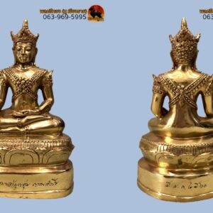 พระหริภุญไชยบรมโพธิสัตว์ ศิลปะล้านนา แบบหริภุญชัย(ทรงเครื่อง) ปางมารวิชัย ทำจากทองเหลือง พระครูบาบุญชุ่ม ญาณสังวโร วัดพระธาตุดอนเรือง