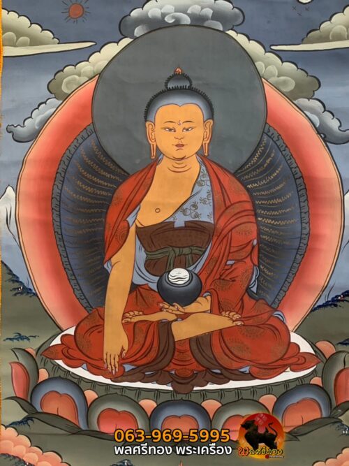 Thangka of Shakyamuni Buddha (Silk brocade 45x80cm, Paint. 23x30cm) - Art of Tibet - Image 3