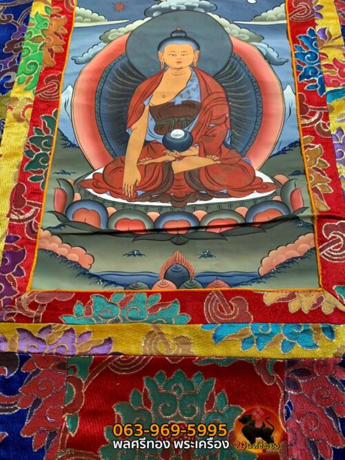 Thangka of Shakyamuni Buddha (Silk brocade 45x80cm, Paint. 23x30cm) - Art of Tibet - Image 4