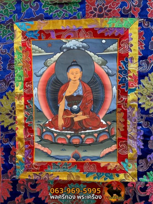 Thangka of Shakyamuni Buddha (Silk brocade 45x80cm, Paint. 23x30cm) - Art of Tibet - Image 5