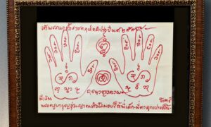 ผ้ายันต์ผาต๊ะรอยมือ พระครูบาบุญชุ่ม ญาณสังวโร ปี2549 มอบให้ลูกศิษย์ใกล้ชิด เขียนตอนเข้าพรรษาที่ พรรษาที่ 21 อายุ41 ปี ณ ถ้ำราชคฤห์ อ.งาว จ.ลำปาง ปี49 ท่านมาจำพรรษาสถานที่แห่งนี้ครั้งแรกปฏิบัติธรรม กัมมัฏฐาน ไม่เปล่งวาจา ตลอดพรรษาฉันเพียงผลไม้ ไม่ฉันอาหาร