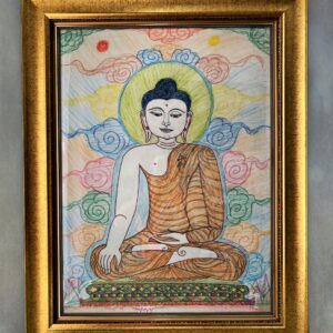 ภาดวาดพระพุทธเจ้าโดยพระครูบาบุญชุ่ม ญาณสังวโร ปี2547 มอบให้ลูกศิษย์ใกล้ชิด หนึ่งในของสะสม และงานศิลปะ ที่หายากที่สุดของสายพระครูบาบุญชุ่ม แต่ละรูปมีชิ้นเดียวในโลก สำหรับรูปภาพนี้ ทางครูบาบุญชุ่มได้วาดไว้ขณะอยู่ที่ถ้ำตลอดพรรษา ปี2547 ณ ถ้าที่ประเทศภูฐาน เมืองปูนาคา (พ.ศ. ๒๕๔๗ พรรษาที่ ๑๙ จำ ณ กองร้อยทหารตระเวณชายแดน เมืองปูนาคา) ตลอดทุกๆหนึ่งพรรรษาท่านจะวาดอยู่ประมาณไม่เกิน 10 รูป ใหญ่บ้างเล็กบ้าง ซึ่งเป็นเวลาว่างหลังจากท่านทำกรรมฐาน ให้จิตอยู่กับพระตลาดเวลา รูปนี้เป็นภาพพระพุทธเจ้าปางมารวิชัย เขียนด้านข้างด้วยยันต์ประจำตัวท่าน + ยันต์เฑาะ ครูบาบุญชุ่มฝากมาให้ลูกศิษย์ท่าน โดยแต่ละสีที่ครูบาวาดนั้น มีความหมายที่เป็นมงคลต่างๆ เช่น สีแดง หมายถึง ลาภ ยศ สีน้ำเงิน สีฟ้า หมายถึง สีแห่งปัญญา ความรู้ สีเขียว หมายถึง ความเจริญ ความงอกงาม ความอุดมสมบูรณ์ สีเหลือง หมายถึง สุขภาพ และความสมดุล, สีส้ม หมายถึง จิตวิญญาณและความรู้สึก และสีชมพู หมายถึง ความสัมพันธ์ ความอบอุ่นของครอบครัว เจอทั้งแบบรูปพระพุทธเจ้า พระศรีอริยเมตไตรย พระอัครสาวก พระสิวลี พระอุปคุต เจ้าแม่กวนอิม มีทั้งจารยันต์และไม่มี โดยส่วนมากท่านจะเขียนคำว่า ศีล สมาธิ ปัญญา และสำคัญทุกภาพท่านจะเขียนลายมือ(ลายเซ็น)ท่านไว้ และระบุสถานที่ทุกครั้ง ปีพศ.ชัดเจน